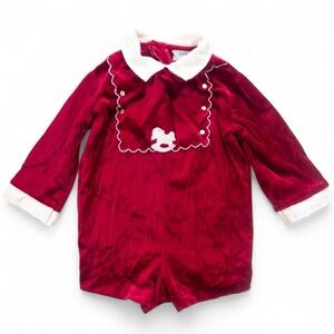 Vintage Nannette Red Velvet Baby Romper XL 12-18 months Holiday Rocking Horse